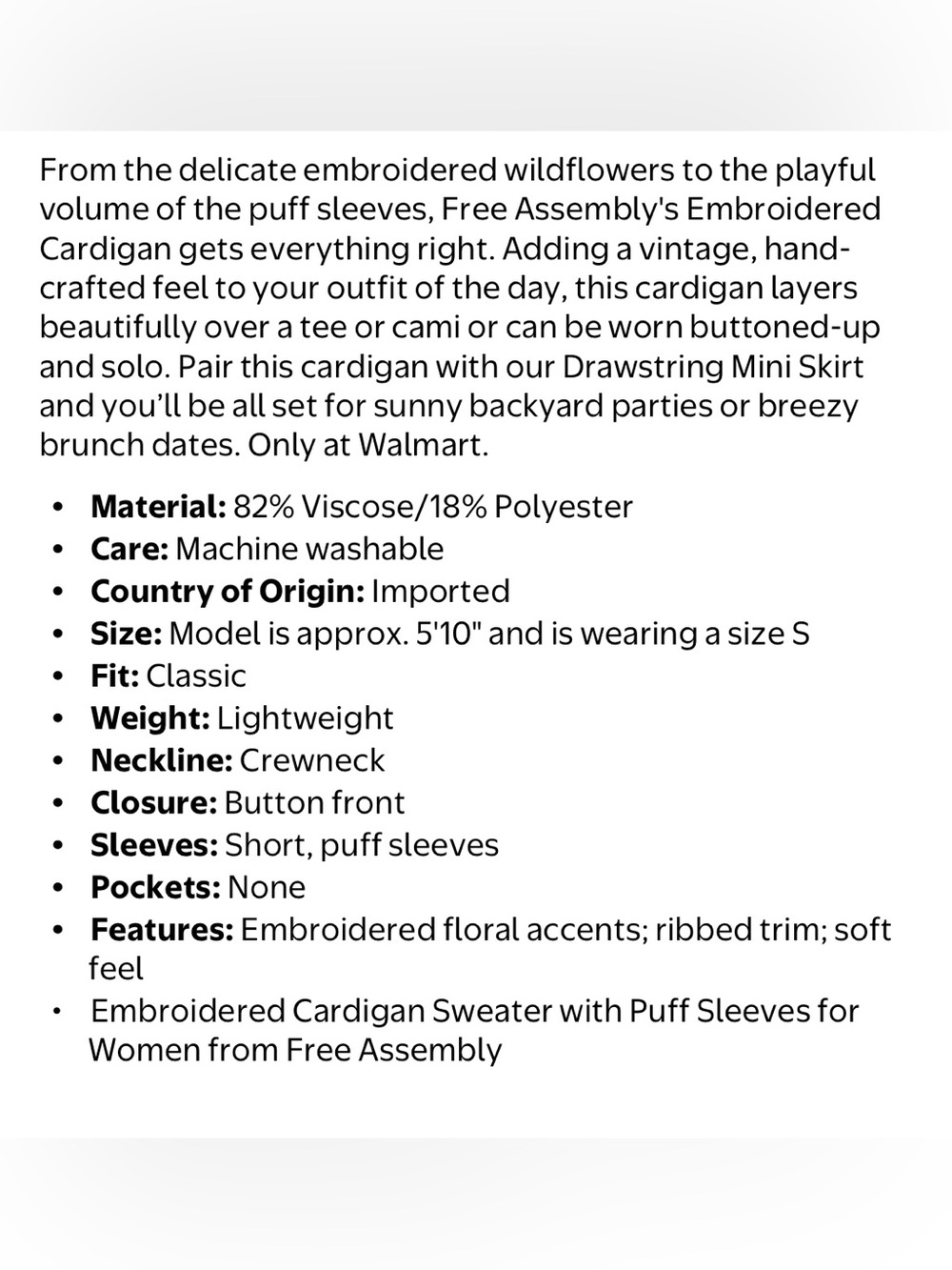 NWT Free Assembly Embroidered Floral Puff Sleeve White Cardigan Sweater Large - Picture 5 of 10
